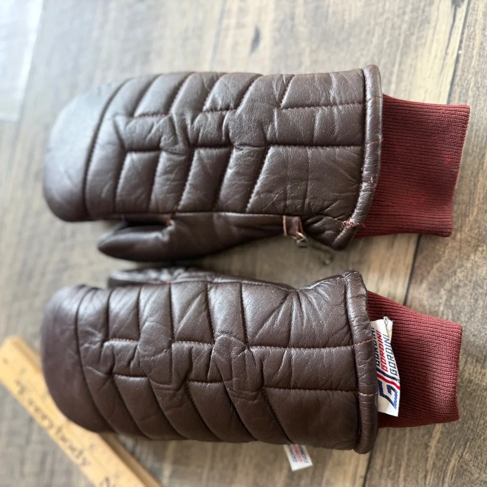 Gordini Vintage Brown Leather Quilted Mittens Women Small Burgundy Knit Cuff